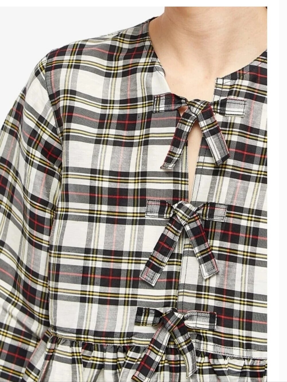 Ganni Silk Ivory Check Babydoll Mini Dress with Black and Red Tartan - Picture 3 of 13